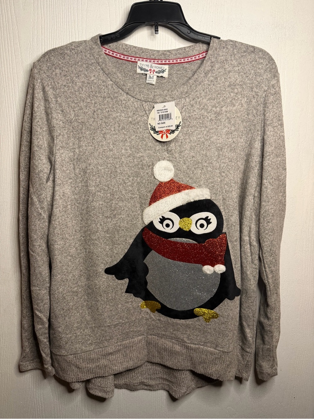 Gray Crewneck Sweater with Festive Penguin Graphic